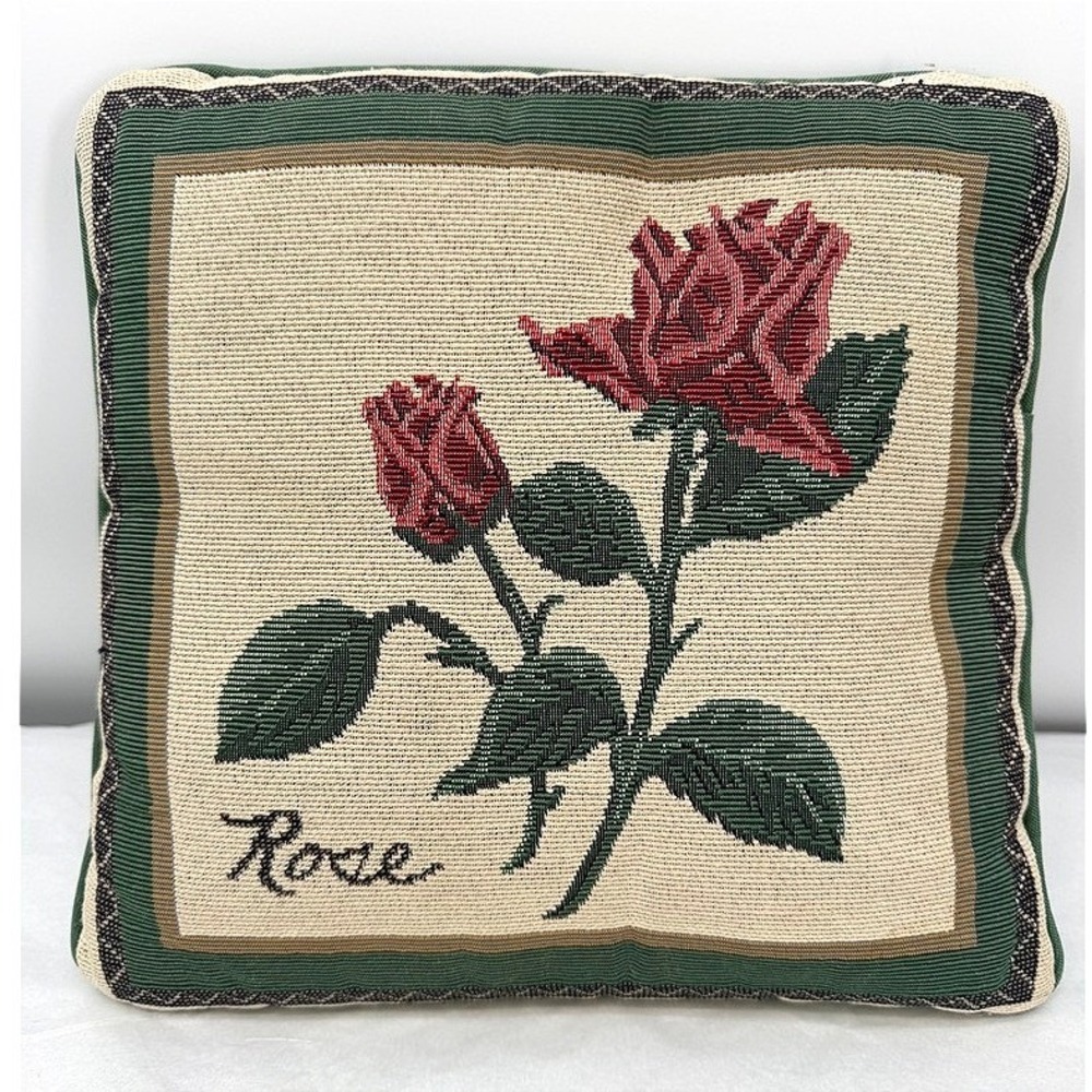 Tapestry Vintage Style Throw Pillow Rose Floral Woven Decorative Accent 12x12